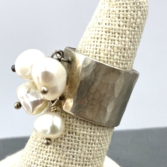 Sterling Silver & Natural Pearl Wide Band Cha Cha Ring Size 6.5 - Picture 5 of 10